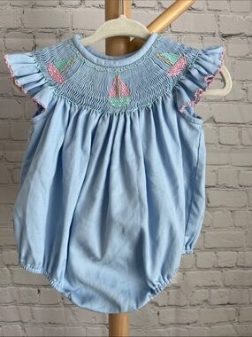 Le Za Me Baby Girl Blue Smocked Sailboat Bubble Romper